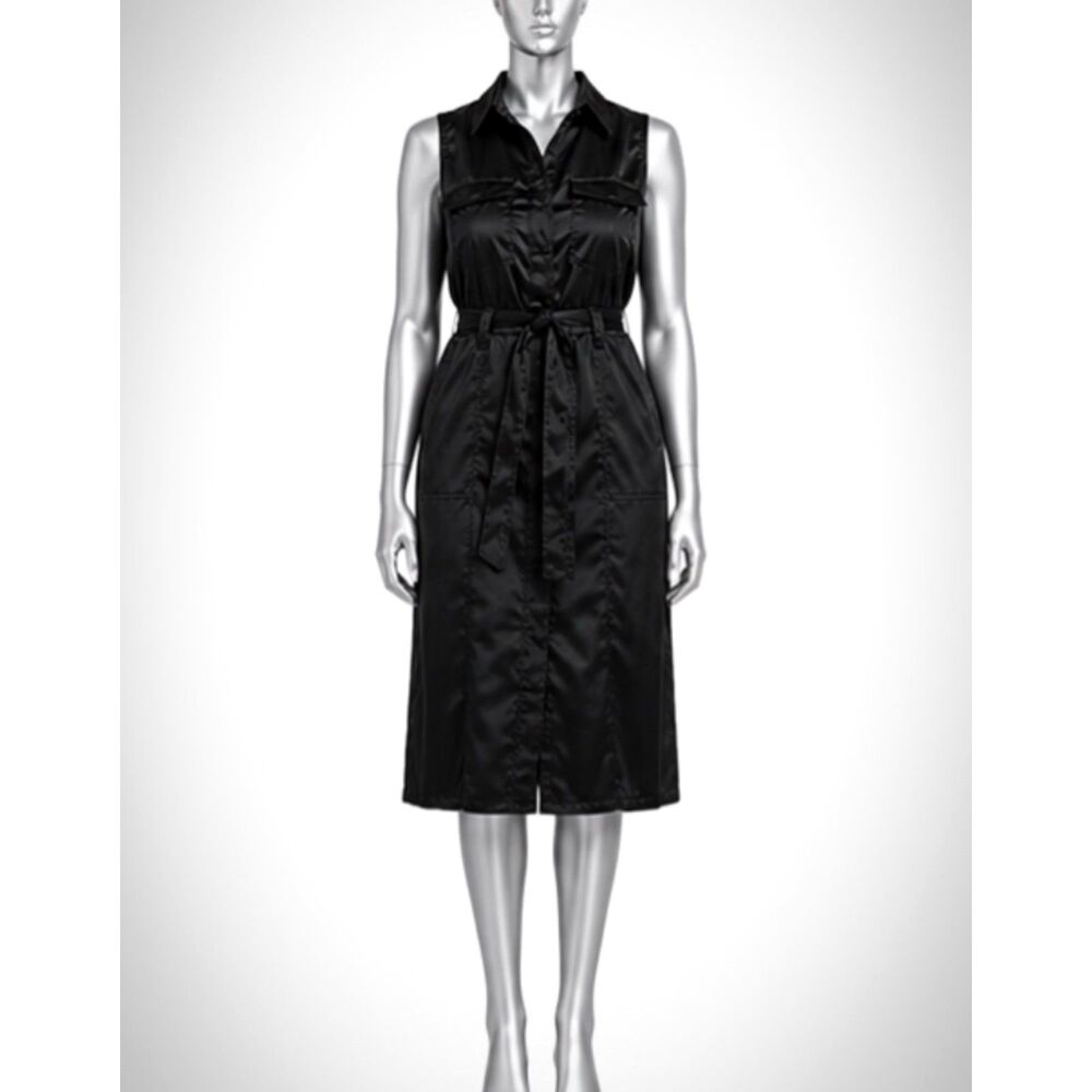 Rachel Zoe Women’s Black Satin Sleeveless Belted Midi Dress NWT Size 1X